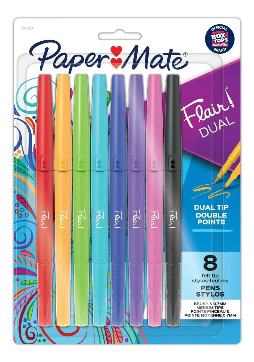 Ocho plumígrafos Paper Mate Flair scented surtidos con punta media 0,7 mm, cuerpo colorido y fragancias suaves.