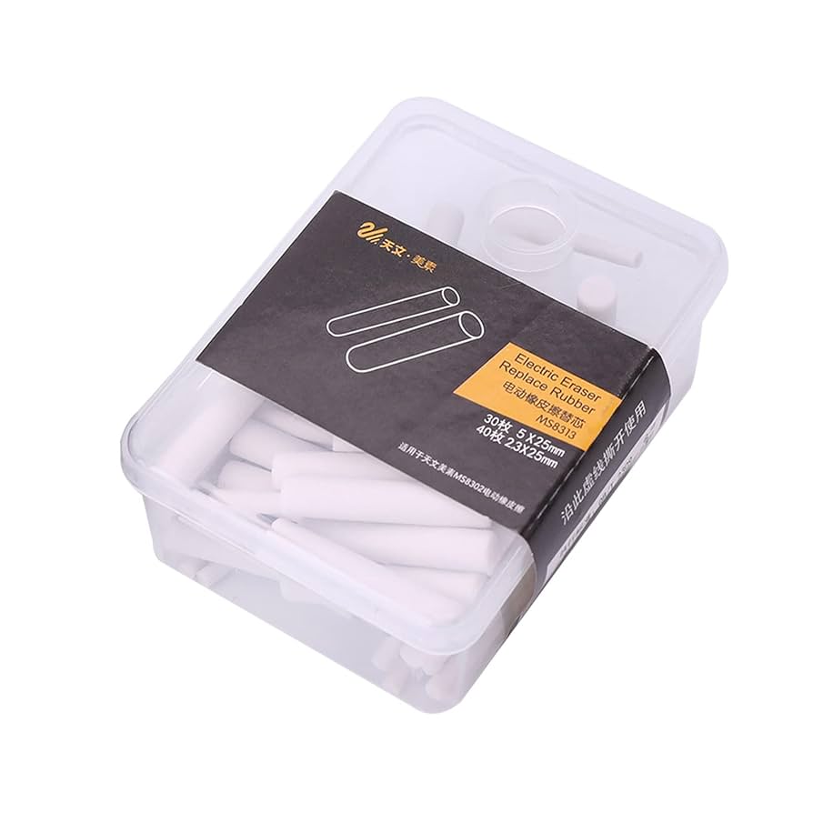 Kit Artisan con 70 repuestos de goma para borrador eléctrico, piezas cilíndricas blancas listas para reemplazar y seguir borrando con precisión.