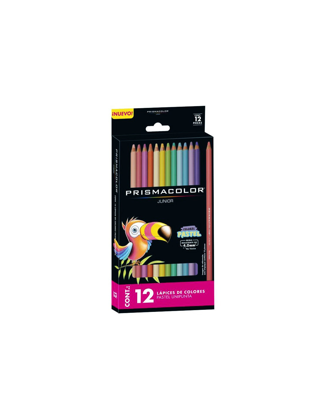 Doce lápices de colores pastel Prismacolor con barril de madera, mina gruesa y tonos suaves alineados en estuche.