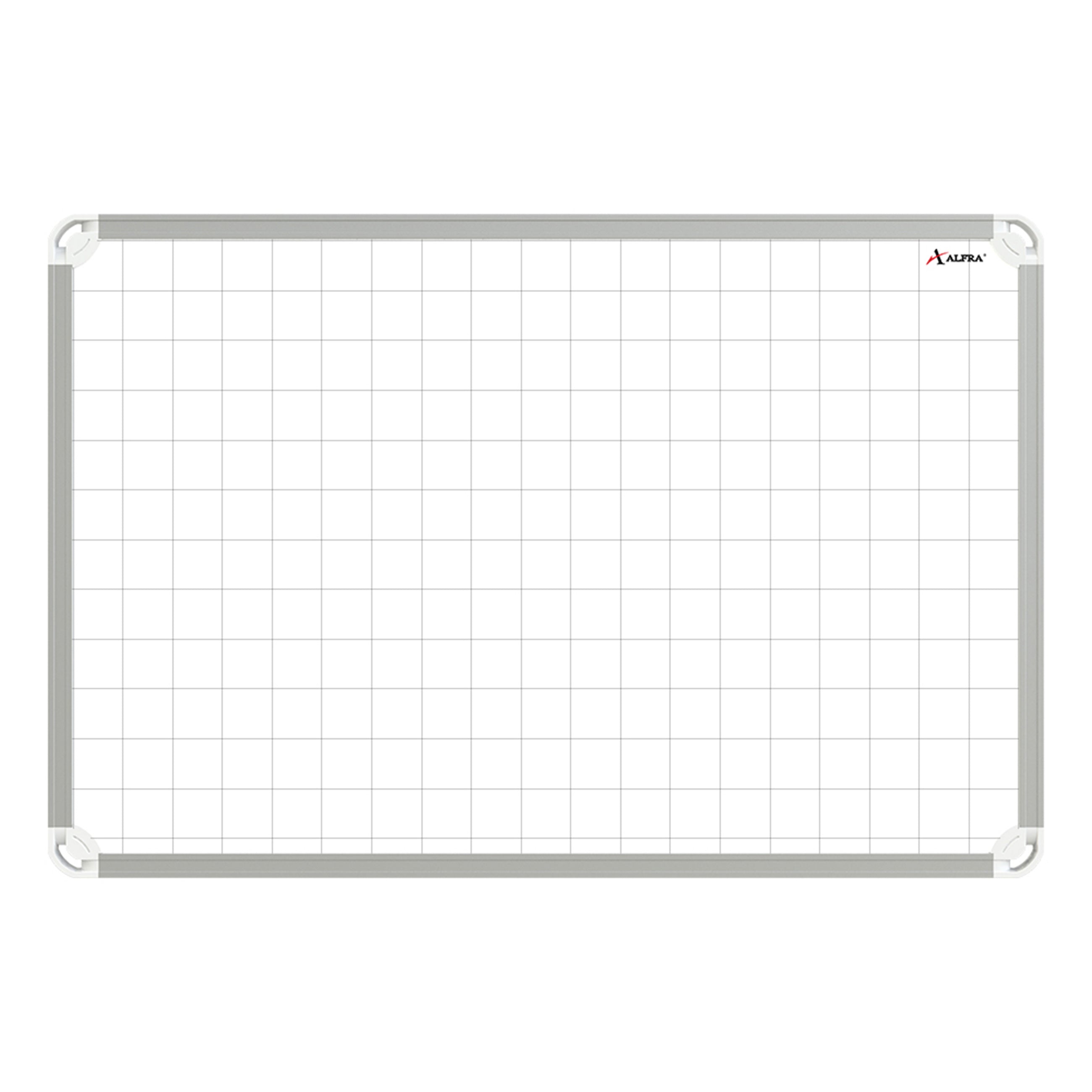 Tablero acrílico Platino Alfra 60×80 cm con cuadrícula metálica, marco rígido, instalación vertical u horizontal y función magnética.