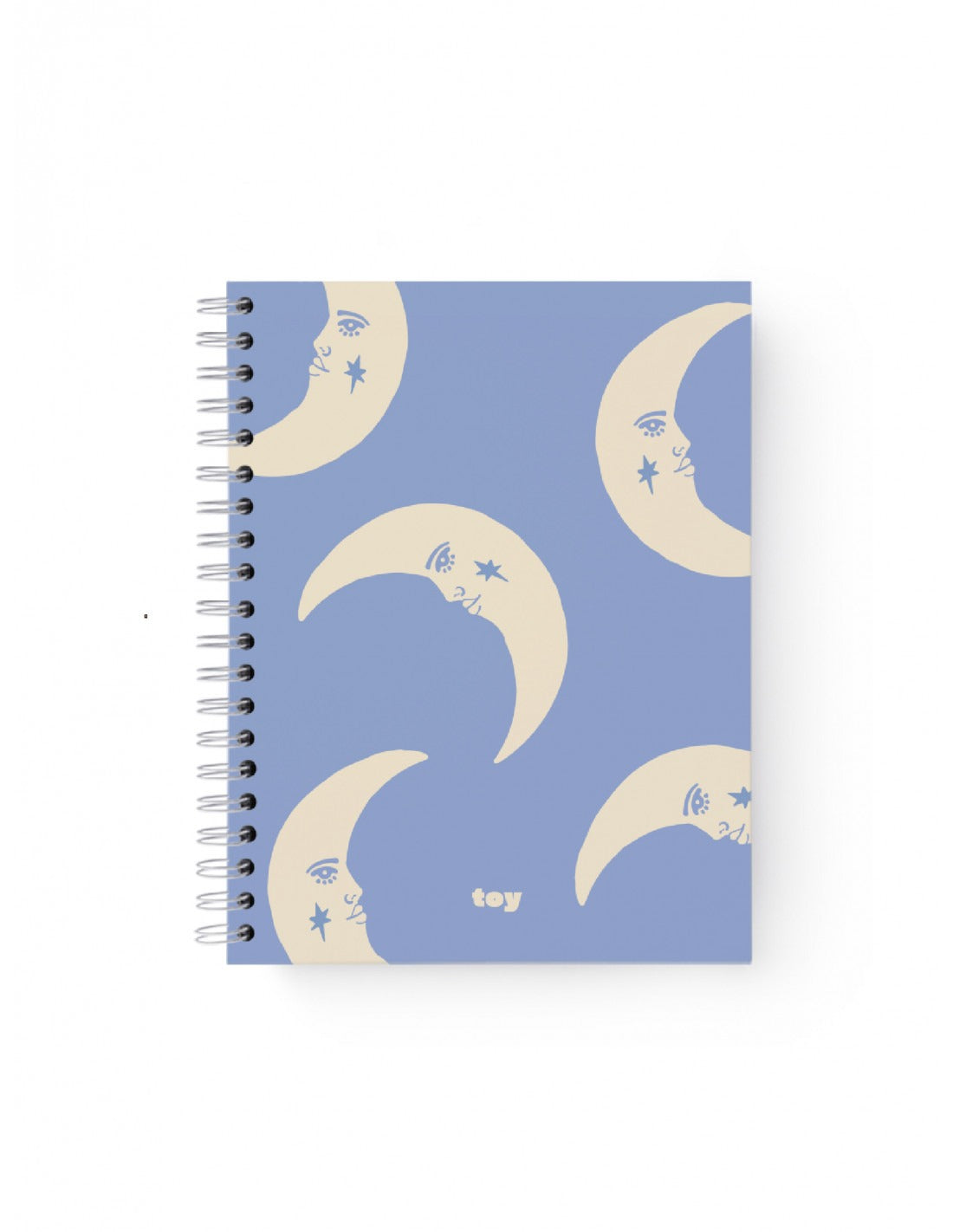Cuaderno rayado Toy Style 5 materias con portada azul decorada con lunas, anillado blanco, 150 hojas y hoja de stickers, tamaño 21,5×28 cm.