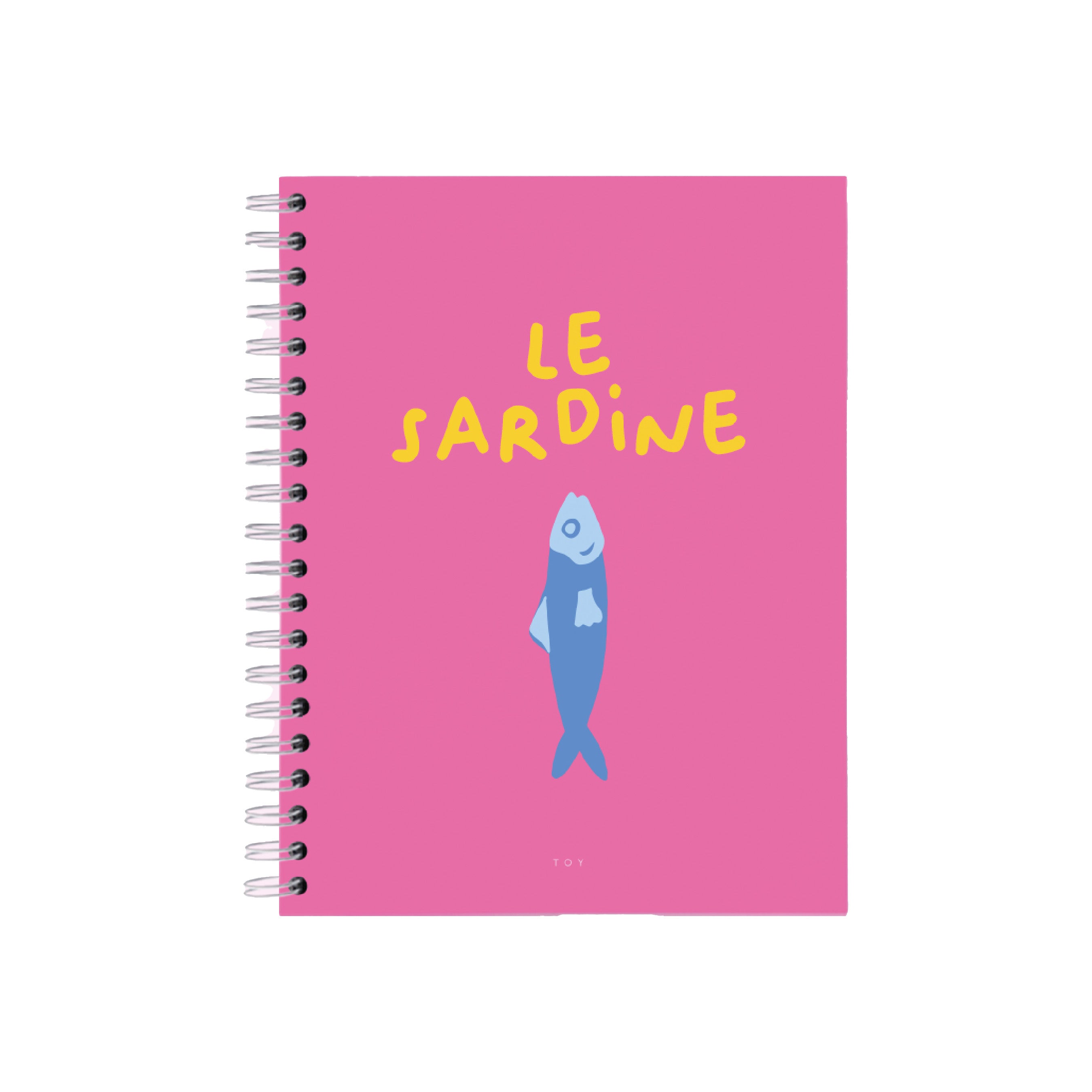 Cuaderno Toy Le Sardine de 5 materias con cubierta estampada, argollas visibles, 150 hojas bond rayadas y hoja de stickers incorporada.