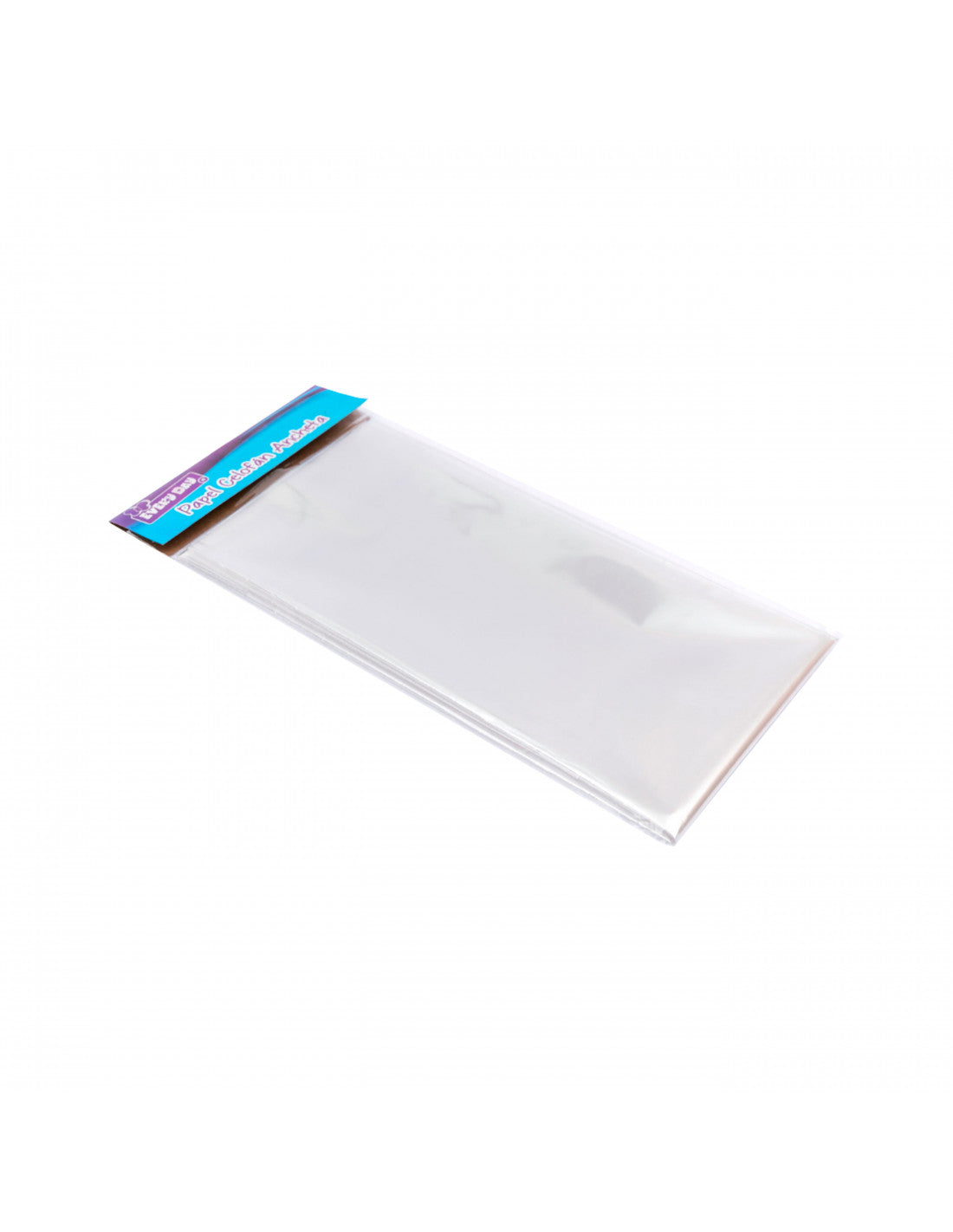 Papel celofán transparente en presentación x3 pliegos, ideal para anchetas, envolturas y uso escolar, sobre fondo blanco.