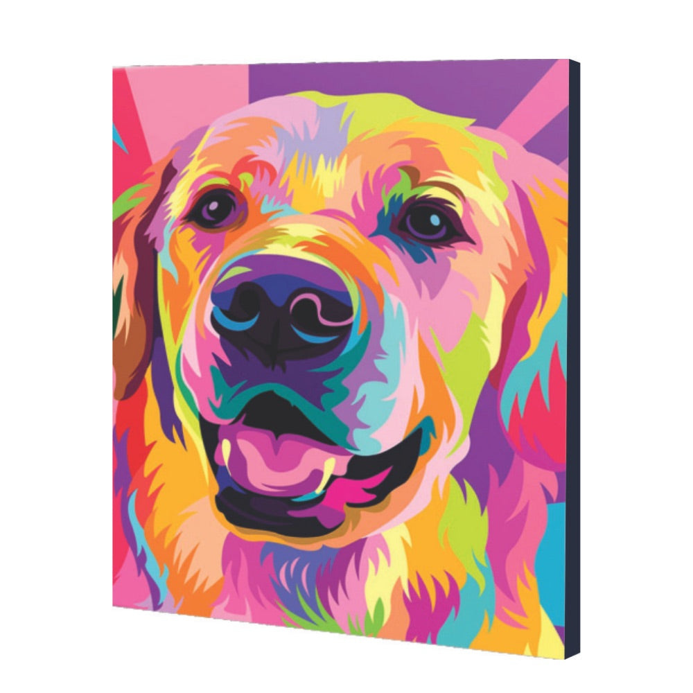 Kit de pintura por números Art Box con lienzo de golden retriever 40×50 cm, montado en bastidor, pinturas acrílicas, pinceles y caja‑soporte para pintar.