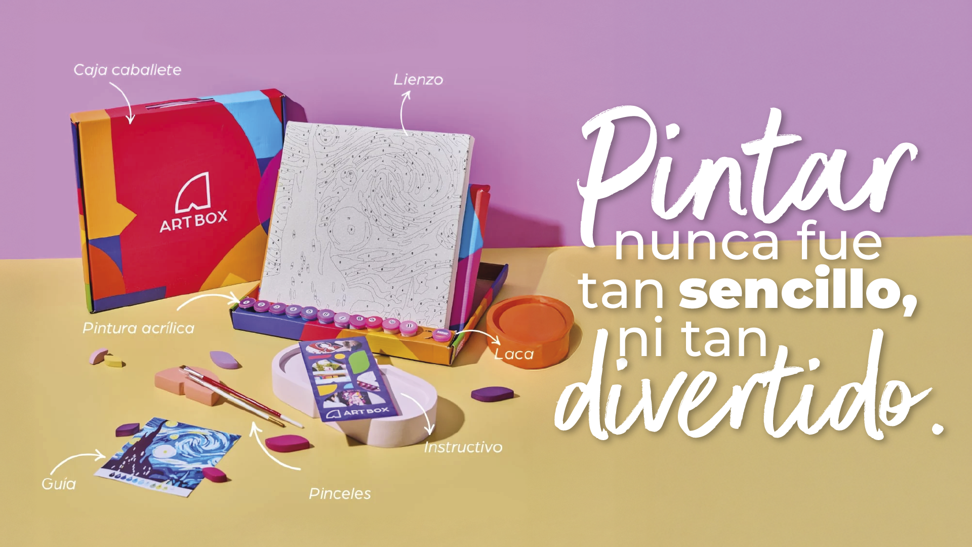 Kit de pintura por números Art Box con lienzo, pinceles, pinturas acrílicas, laca y guía, acompañado de la frase “Pintar nunca fue tan sencillo ni tan divertido”.