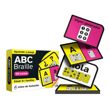 Juego educativo Ronda ABC en Braille con fichas táctiles y visuales para aprendizaje del abecedario inclusivo.