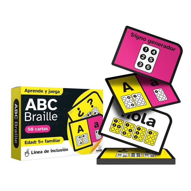 Juego educativo Ronda ABC en Braille con fichas táctiles y visuales para aprendizaje del abecedario inclusivo.