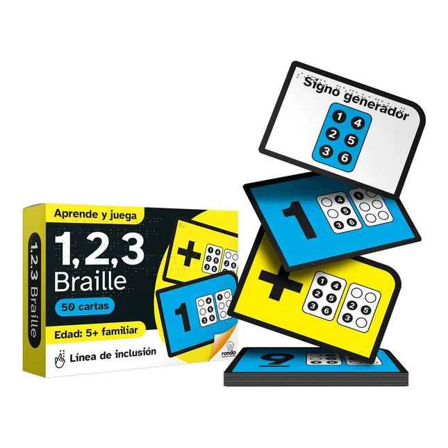 Juego educativo Ronda 123 en Braille con fichas táctiles y visuales para aprendizaje numérico inclusivo.
