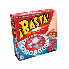 Caja del juego de mesa ¡Basta! con ruleta de letras y cartas de categorías, clásico de rapidez mental y vocabulario para niños y adultos.