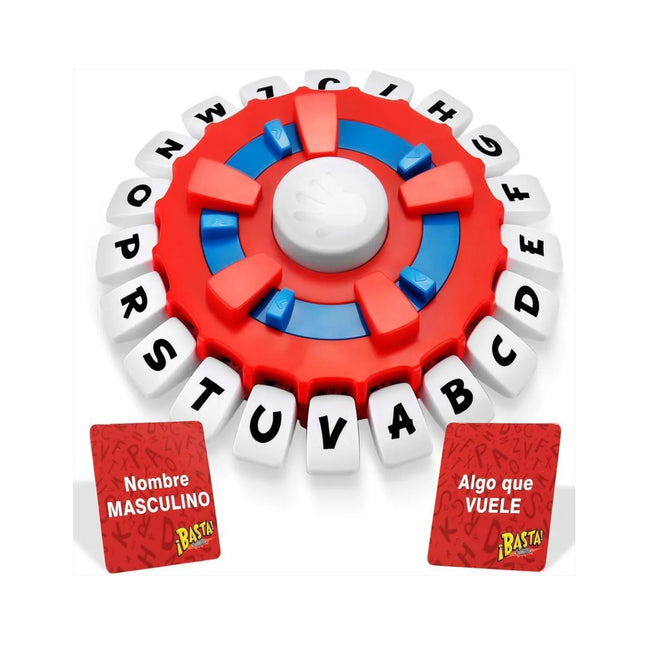 Juego de mesa ¡Basta! con ruleta de letras y cartas de categorías, clásico de rapidez mental y vocabulario para niños y adultos.