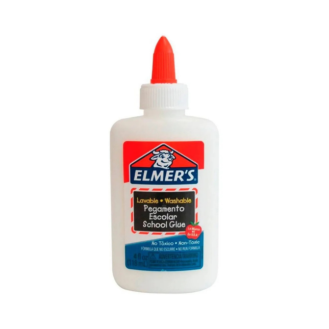 Botella de pegante escolar Elmer’s Washable de 118 ml con etiqueta blanca y tapa naranja, logo y texto de pegamento transparente.

