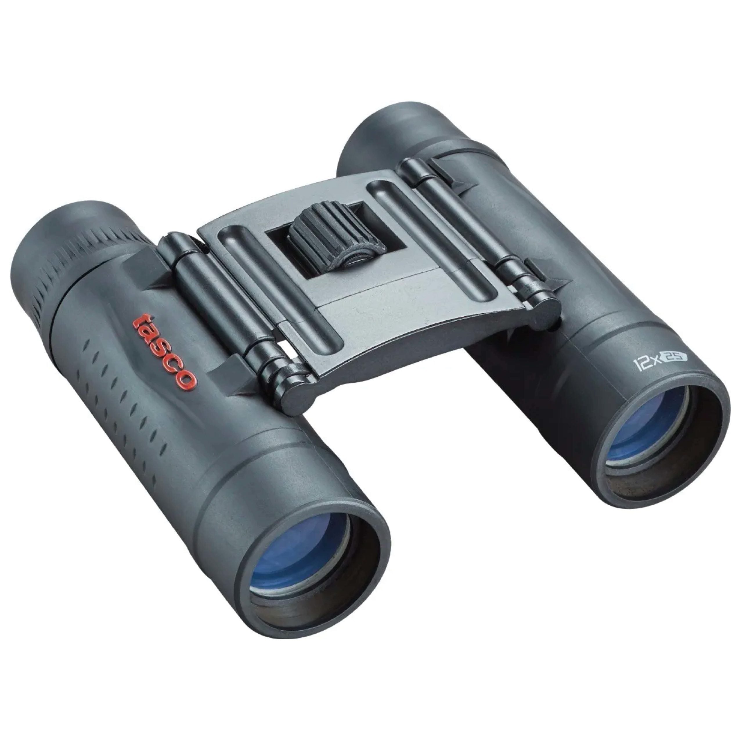Binoculares Tasco Essentials 12×25 mm, cuerpo negro con acabado de goma, lente objetiva de 25 mm y aumenta 12×.