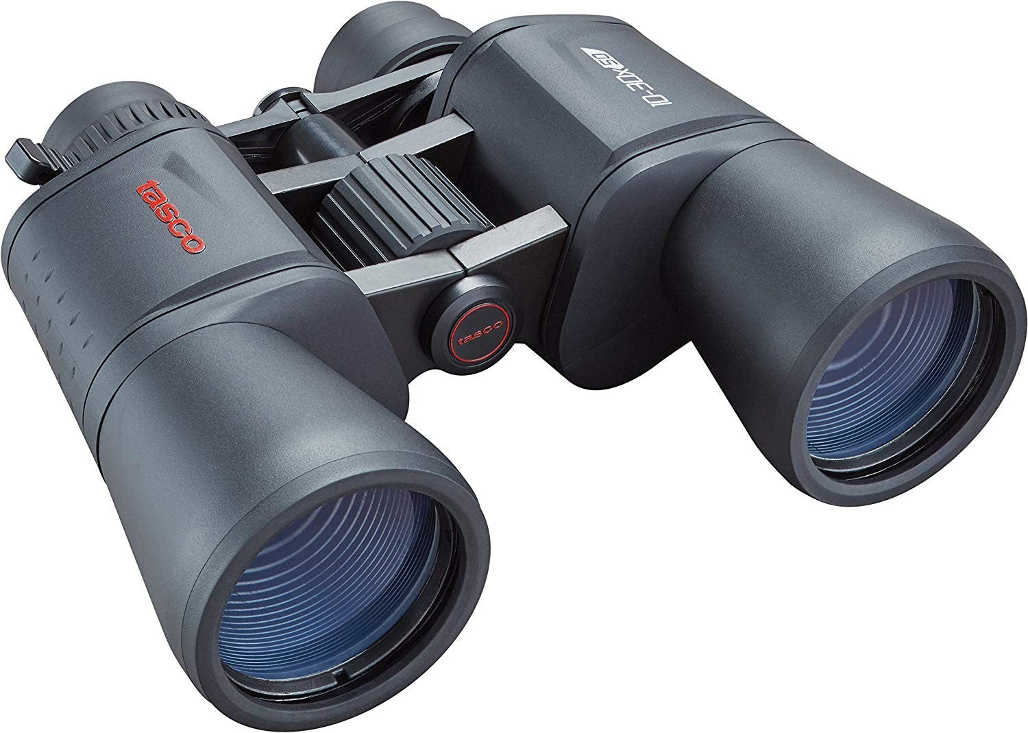 Binoculares Tasco Essentials 10-30×50 mm zoom porro, cuerpo negro con recubrimiento de goma, lente grande de 50 mm y oculares abatibles.