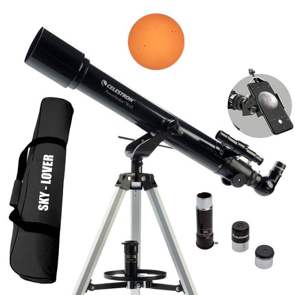 Telescopio Celestron PowerSeeker 70AZ sobre trípode de aluminio, lente objetiva de 70 mm, buscador lateral 5×24 y accesorios visibles.