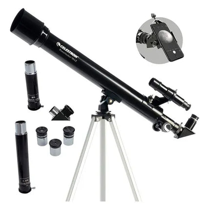 Telescopio Celestron PowerSeeker 50AZ refractor de 50 mm sobre trípode de aluminio, con buscador 5×24 mm y varios oculares visibles.