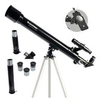 Telescopio Celestron PowerSeeker 50AZ refractor de 50 mm sobre trípode de aluminio, con buscador 5×24 mm y varios oculares visibles.