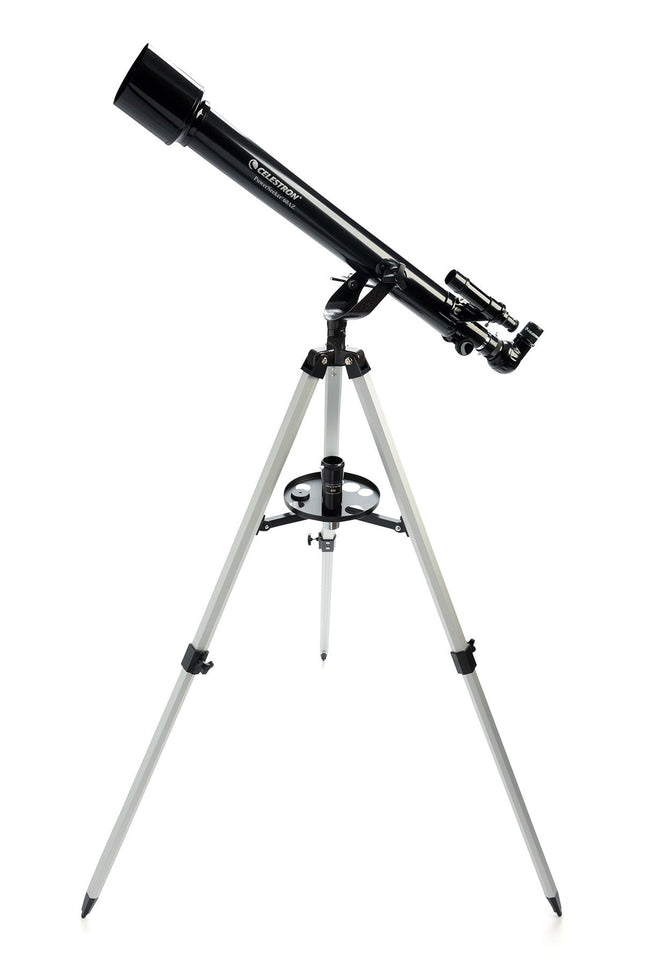 Telescopio Celestron PowerSeeker 60AZ sobre trípode de aluminio, con lente objetiva de 60 mm, buscador lateral y accesorios visibles (oculares, diagonal).
