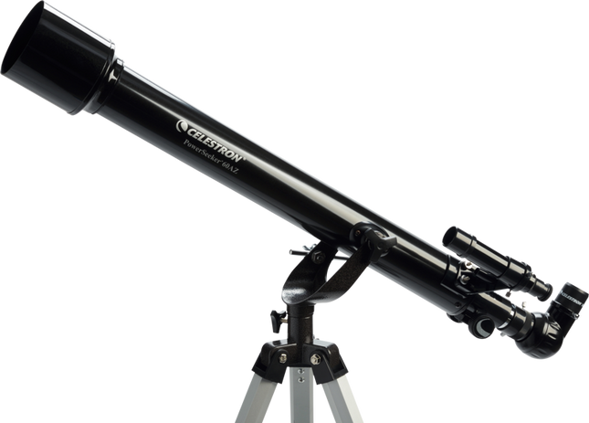 Telescopio Celestron PowerSeeker 60AZ sobre trípode de aluminio, con lente objetiva de 60 mm, buscador lateral y accesorios visibles (oculares, diagonal).