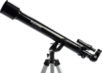 Telescopio Celestron PowerSeeker 60AZ sobre trípode de aluminio, con lente objetiva de 60 mm, buscador lateral y accesorios visibles (oculares, diagonal).