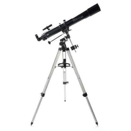 Telescopio Celestron PowerSeeker 80EQ refractor de 80 mm sobre montura ecuatorial, con trípode de aluminio y accesorios oculares visibles.