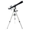 Telescopio Celestron PowerSeeker 80EQ refractor de 80 mm sobre montura ecuatorial, con trípode de aluminio y accesorios oculares visibles.