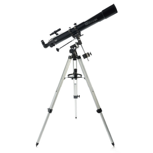 Telescopio Celestron PowerSeeker 80EQ refractor de 80 mm sobre montura ecuatorial, con trípode de aluminio y accesorios oculares visibles.