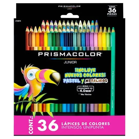 Estuche de lápices Prismacolor Junior x36 con minas visibles en tonos surtidos, incluyendo pastel y metálicos, organizados en bandeja sobre fondo blanco.