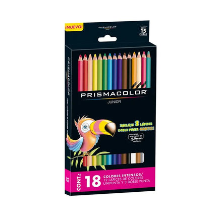 Estuche caballete Prismacolor Junior con 18 lápices de colores pastel y neón organizados en una hilera sobre fondo blanco.