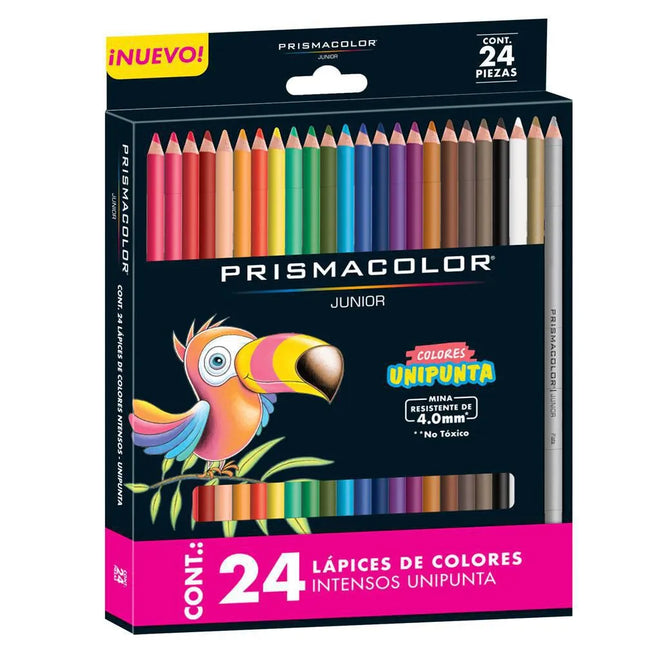 Set Prismacolor Junior x24 con lápices de colores intensos y pastel, empaque tipo caballete que muestra las minas de 4 mm, sobre fondo blanco.