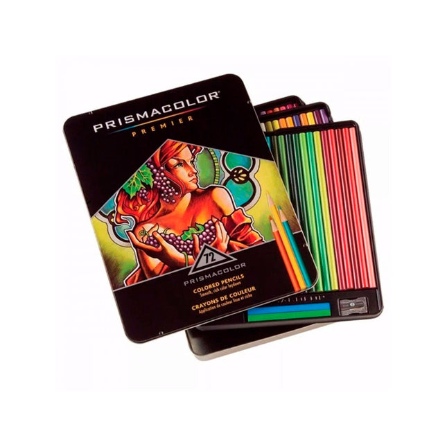 Estuche metálico Prismacolor Premier x72 con bandejas extraíbles mostrando una variedad de lápices de colores organizados y vibrantes.
