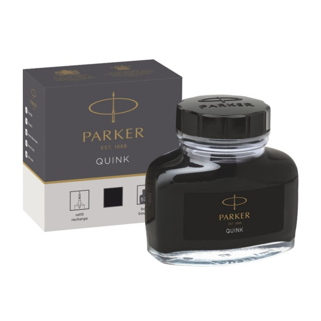 Frasco de tinta negra Parker para pluma estilográfica, ideal para escritura fluida y elegante.