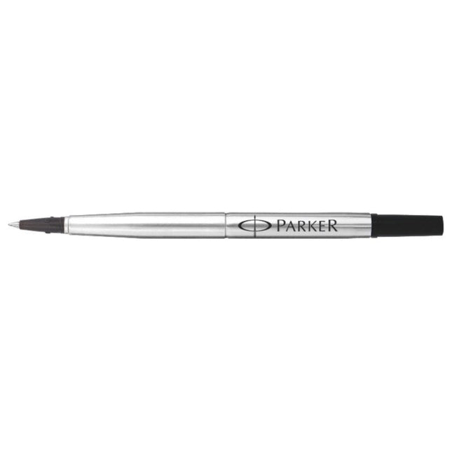 Cartucho de repuesto Parker roller ball negro con barril cromado y punta fina, listo para instalar en plumas Parker.

