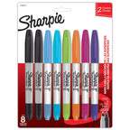 Ocho marcadores Sharpie doble punta (fina y biselada) alineados en tonos pastel: rosa, naranja, coral, amarillo, verde lima, turquesa, azul y morado, sobre fondo blanco.