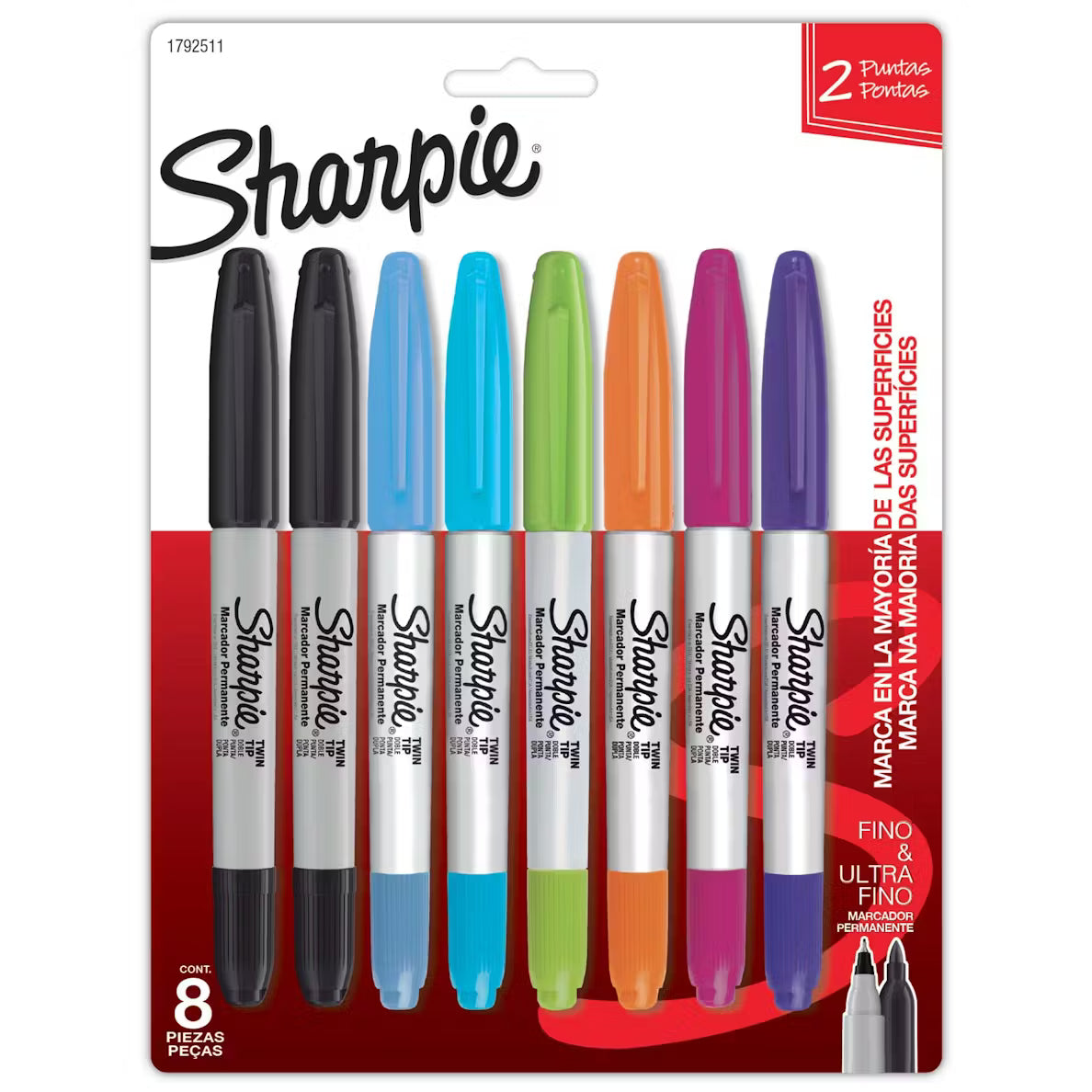 Ocho marcadores Sharpie doble punta (fina y biselada) alineados en tonos pastel: rosa, naranja, coral, amarillo, verde lima, turquesa, azul y morado, sobre fondo blanco.