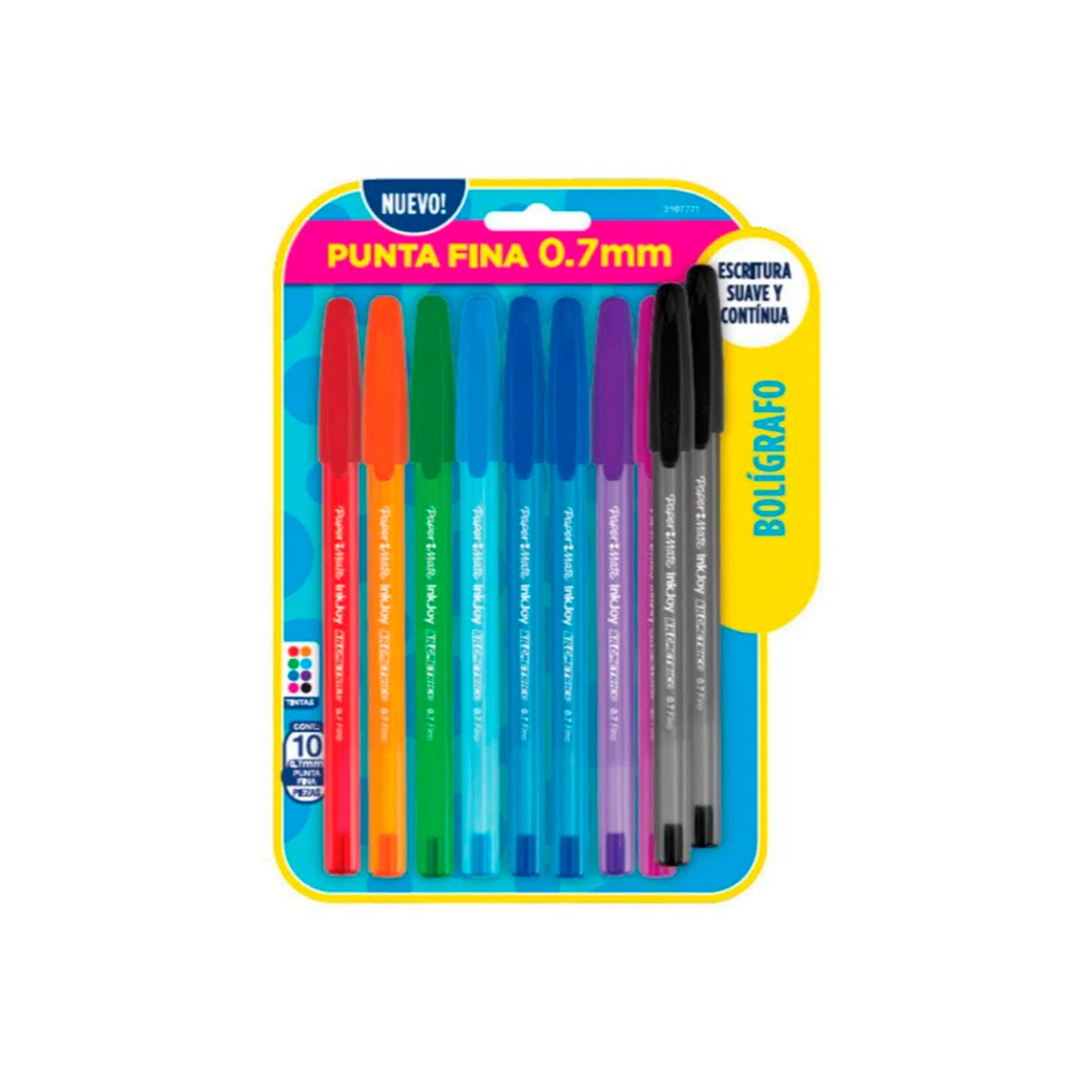 Estuche o pack con 10 bolígrafos Kilométrico InkJoy punta fina 0.7 mm multicolor, diseño retráctil o cap con clip visible.