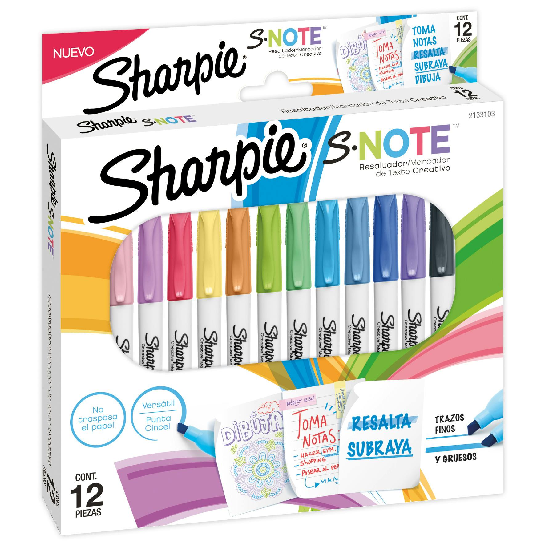 Doce marcadores Sharpie S‑Note de punta biselada en colores pastel surtidos, alineados sobre mesa blanca.

