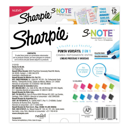 Doce marcadores Sharpie S‑Note de punta biselada en colores pastel surtidos, alineados sobre mesa blanca.

