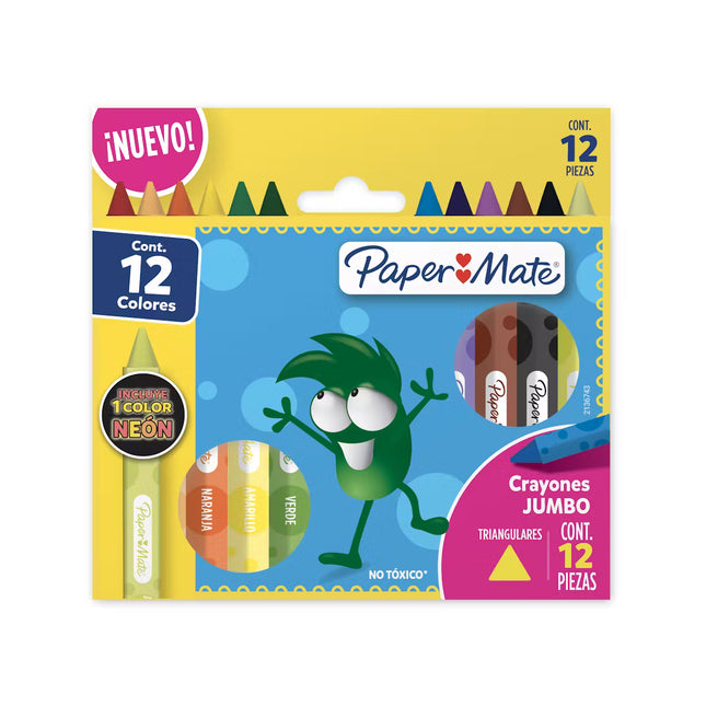 Crayones Paper Mate triangulares jumbo en caja, disponibles en 12 o 24 colores incluyendo tonos neón, con cuerpo grueso y forma triangular.