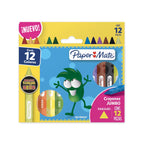 Crayones Paper Mate triangulares jumbo en caja, disponibles en 12 o 24 colores incluyendo tonos neón, con cuerpo grueso y forma triangular.