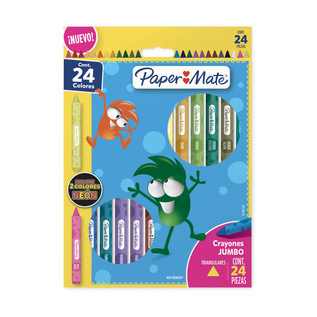 Crayones Paper Mate triangulares jumbo en caja, disponibles en 12 o 24 colores incluyendo tonos neón, con cuerpo grueso y forma triangular.