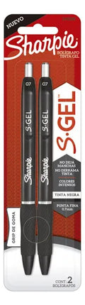 Dos bolígrafos retractiles Sharpie S‑Gel en tinta negra 0.7 mm, grip ergonómico y clip metálico, cuerpo retráctil.
