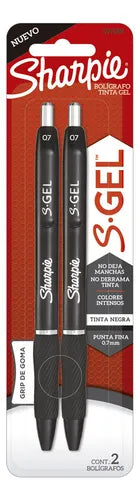 Dos bolígrafos retractiles Sharpie S‑Gel en tinta negra 0.7 mm, grip ergonómico y clip metálico, cuerpo retráctil.