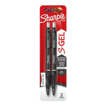 Dos bolígrafos retractiles Sharpie S‑Gel en tinta negra 0.5mm, grip ergonómico y clip metálico, cuerpo retráctil.
