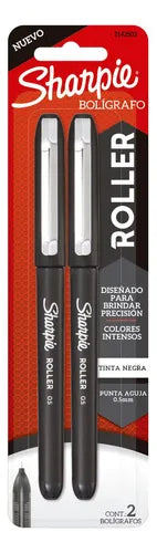Dos bolígrafos roller Sharpie de tinta negra, punta fina 0.5 mm y cuerpo translúcido con clip metálico.

