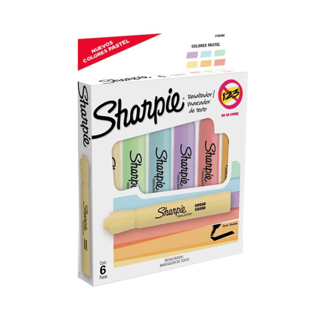 Set de 6 resaltadores Sharpie Tank en tonos pastel: amarillo, naranja, rojo, violeta, azul y verde, con punta biselada y cuerpo ancho.