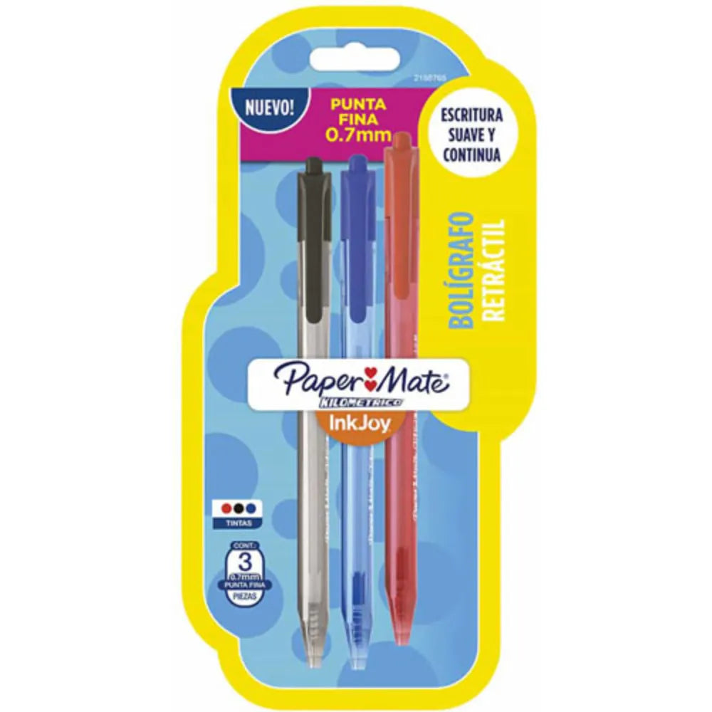 Tres bolígrafos Kilométrico InkJoy retráctiles punta fina 0.7 mm en colores negro, azul y rojo, con clip visible y diseño compacto.

