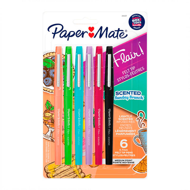 Blíster de 6 plumígrafos Paper Mate surtidos con cuerpos y tapas coloridas, punta media y aromas variados.


