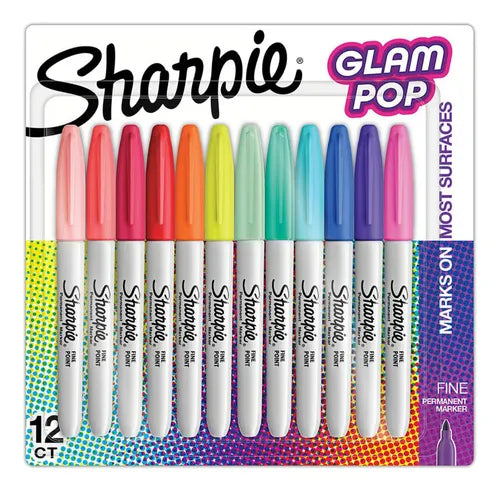 Doce marcadores Sharpie Glam Pop de punta fina en colores vibrantes alineados sobre una superficie blanca.

