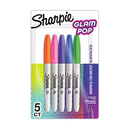 Cinco marcadores Sharpie Glam Pop finos en colores brillantes, con barril y tapa a juego, alineados sobre fondo blanco.

