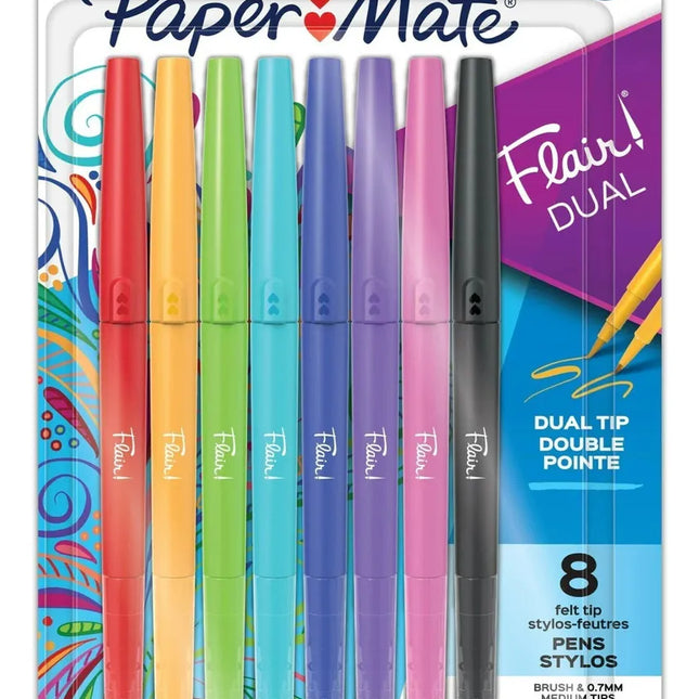Ocho plumígrafos Paper Mate Flair scented surtidos con punta media 0,7 mm, cuerpo colorido y fragancias suaves.

